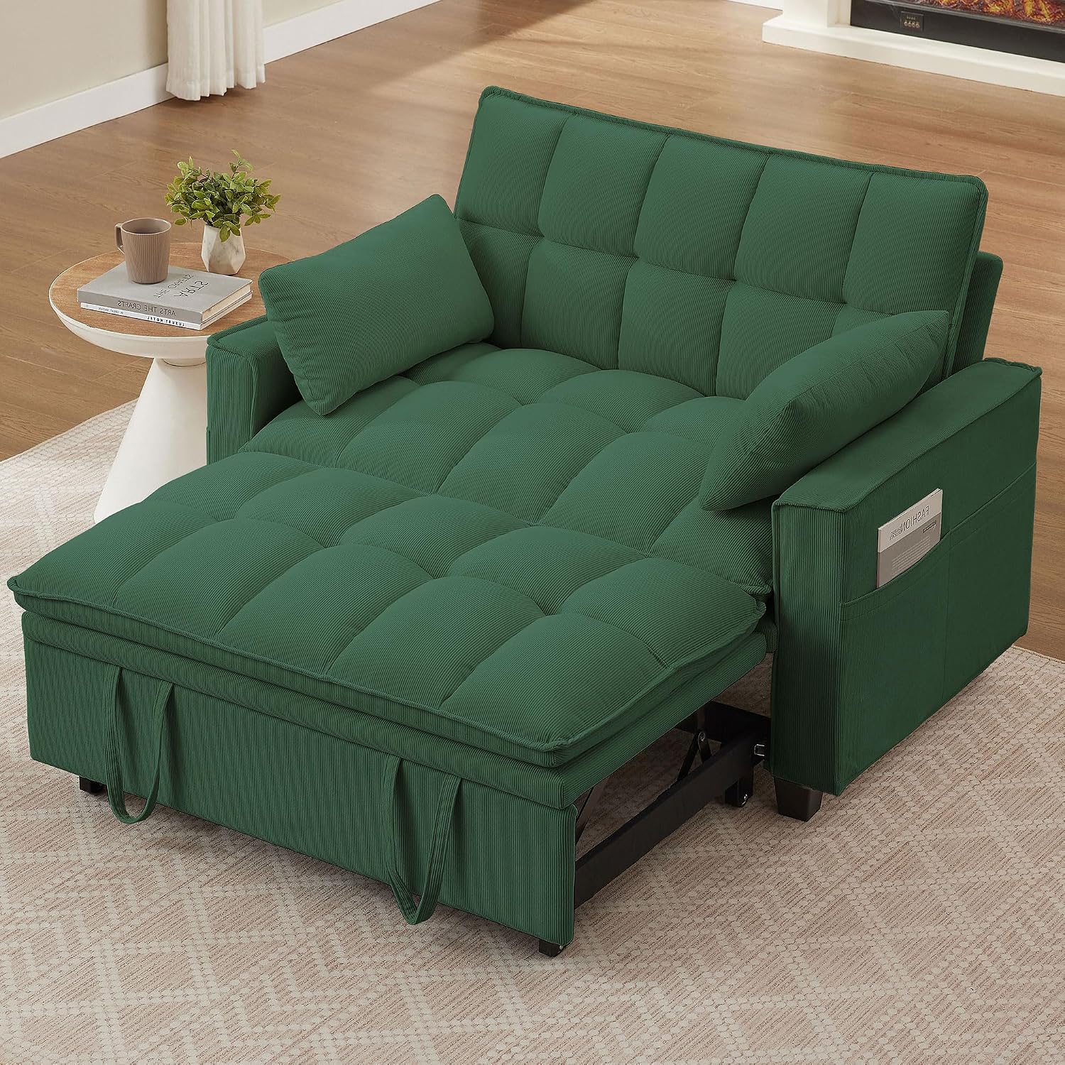 Sleeper Sofa with Pull Out Couch Bed, 48' Convertible Pull-Out Sofa Bed Chair, 3-in-1 Futon Couch with Reclining Backrest and Side Pockets for Living Room Bedroom Apartment, Green