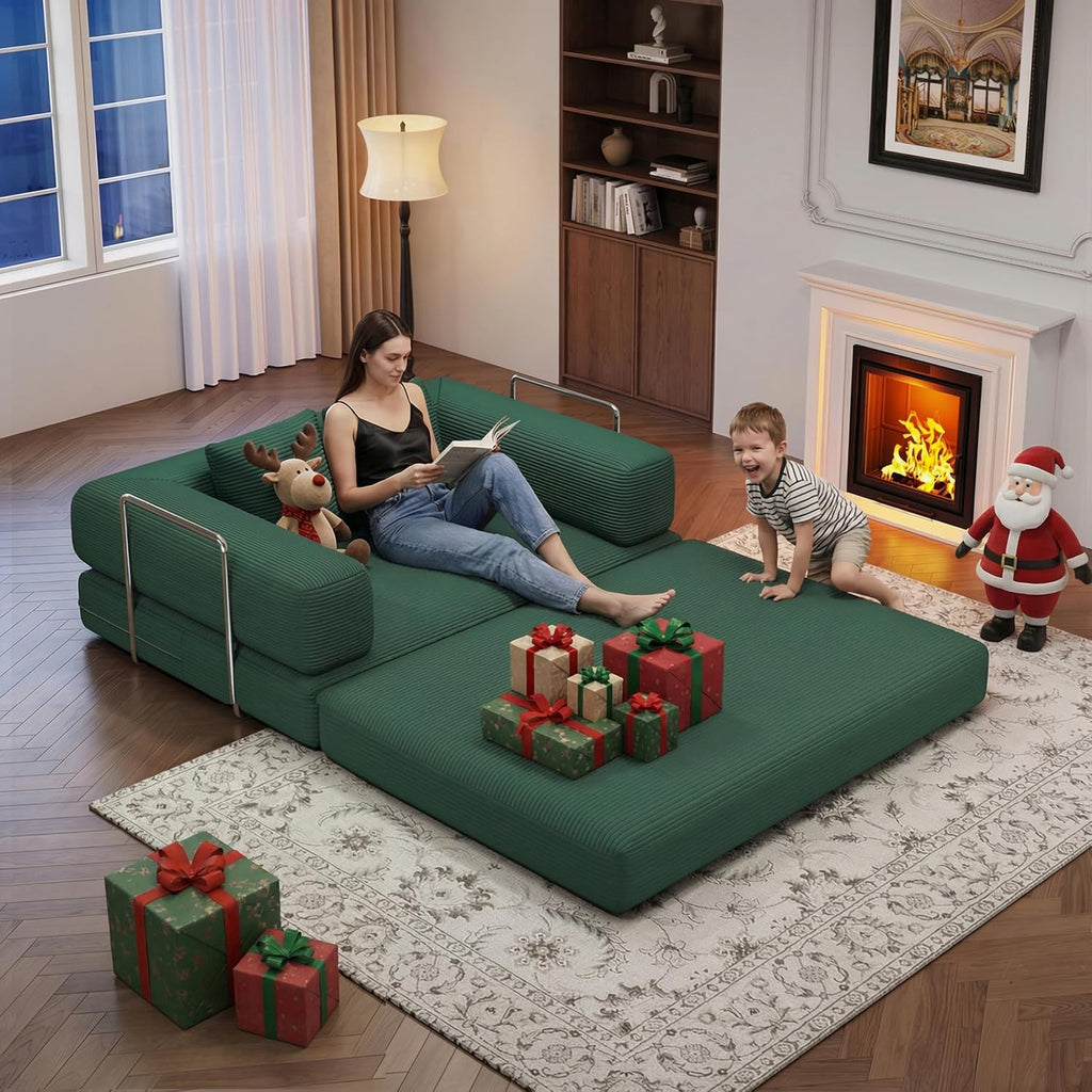 BSHOMGI Folding Sofa Bed Convertible Corduroy Couch Queen Size Floor Sleeper 4-in-1 DIY Combination Modular Lazy Sofas Fold Futon Lounge for Living Room (Green, 53.15' Double Sofa)
