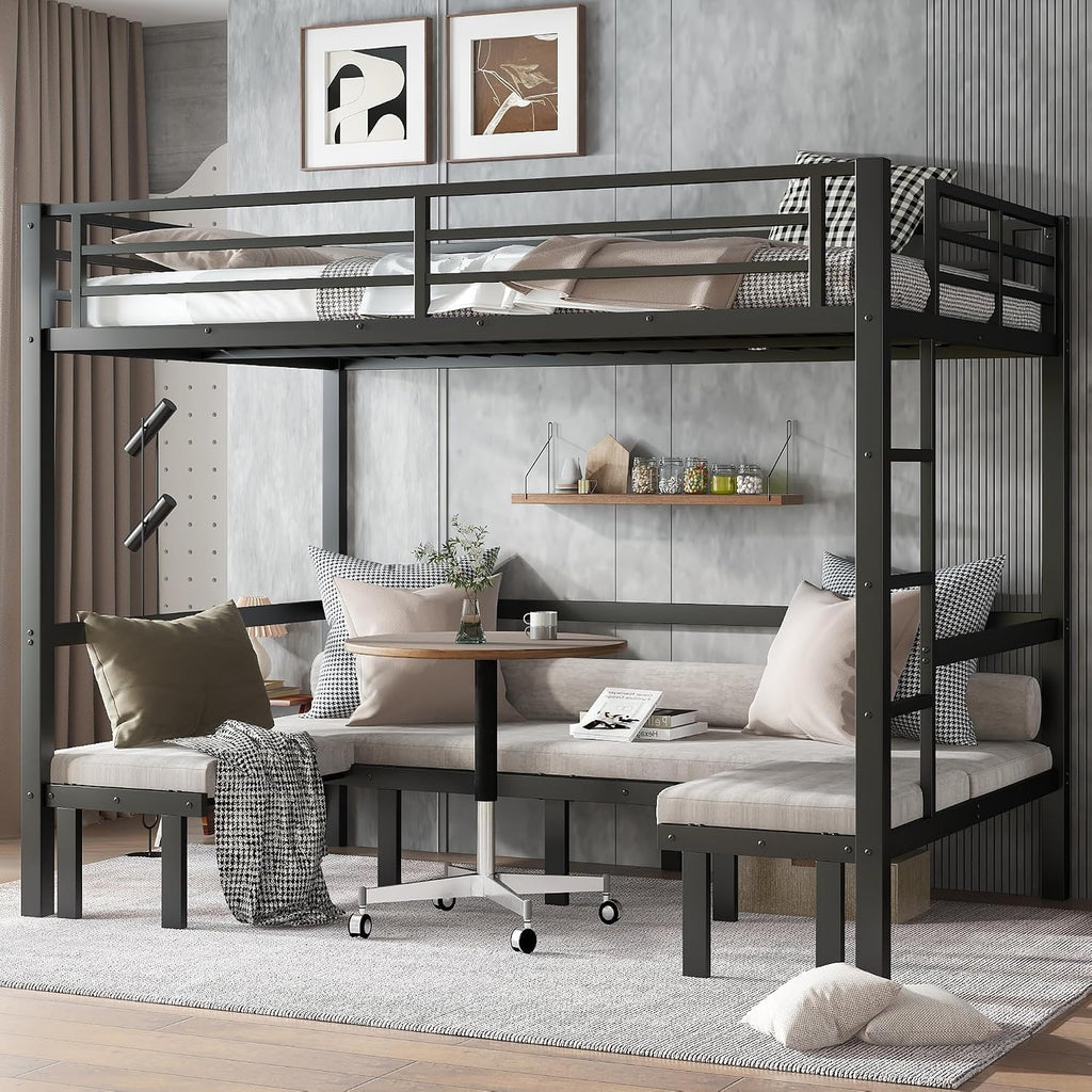 Harper & Bright Designs Queen Over Queen Metal Bunk Bed with Couch, Heavy Duty Bunk Bed Frame with Sofa, Lower Bed Can Be Pulled Out in Three Sections, Black