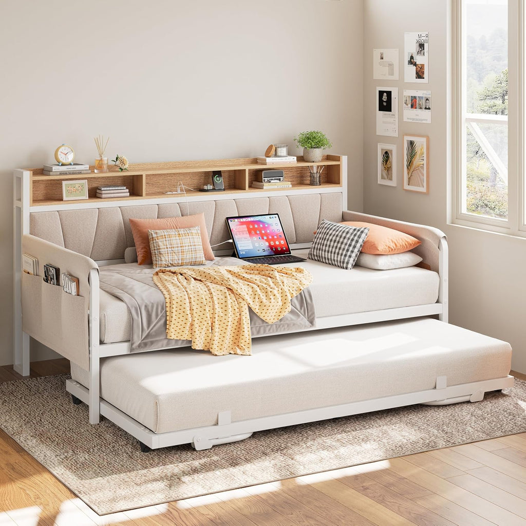 LIKIMIO Daybed with Trundle Bed, Twin Bed Frame with Upholstered Storage Headboard and Charging Station, Sofa Day Bed with Strong Supports for Living Room, Bedroom, and Guest Room, White