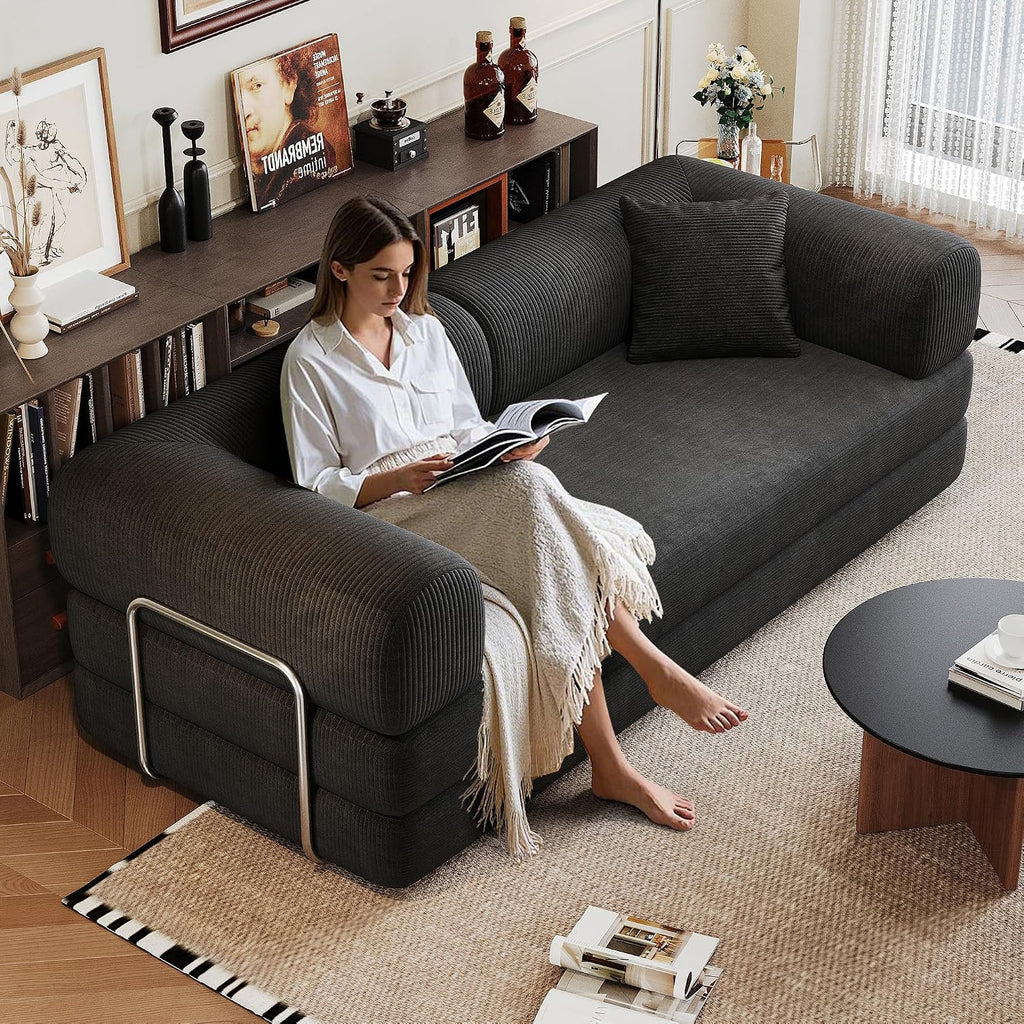 79' Convertible Sofa Bed, Corduroy Folding Pull Out Couch with Pillows, No Assembly Modern Boneless Couch Compression Sofa in Box, Floor Sofa with Support Rods for Living Room,Black