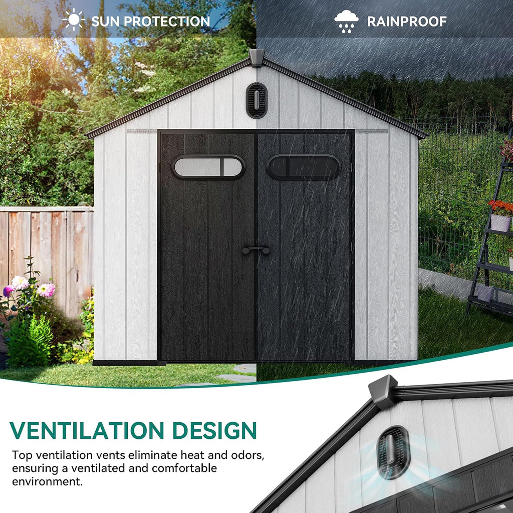 YITAHOME 8x10ft Resin Storage Shed, Extra Thick Outdoor Plastic Garden Storage Unit with Oval Vision Windows & Lockable Doors, 16mm Heavy Duty Waterproof Tool Sheds with Floor for Lawn Equipment, Gray