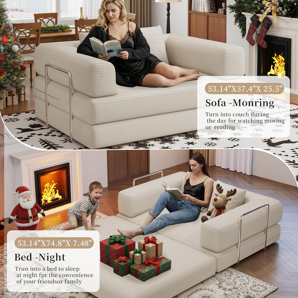 BSHOMGI 4 in 1 Futon Sofa Bed Queen Size - Foldable Convertible Sleeper Sofa Couch, Removable Washable Corduroy Cover, Space Saving Floor for Living Room (Beige, 53.15' Double Sofa)