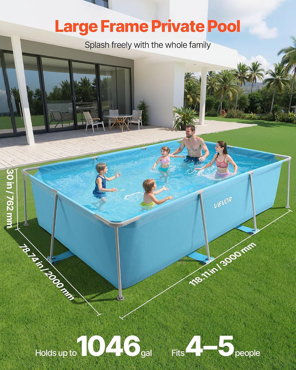 VEVOR Frame Above Ground Swimming Pool, 118 x 78 x 30 in Rectangular Steel Metal Frame, Large Rectangle Outdoor Backyard Family Pool, Easy to Assemble Rust-Resistant, 1046 Gallon Water Capacity, Blue