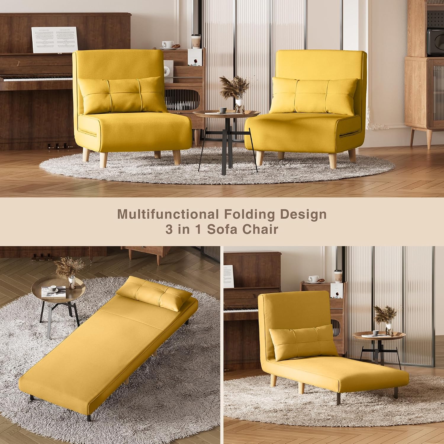 Aiho Futon Sofa Bed, 3-in-1 Convertible Sleeper Chair Bed, Futon Chair with 6-Level Adjustable Backrest and Pillow for Apartment Dorm, Office, Linen Yellow