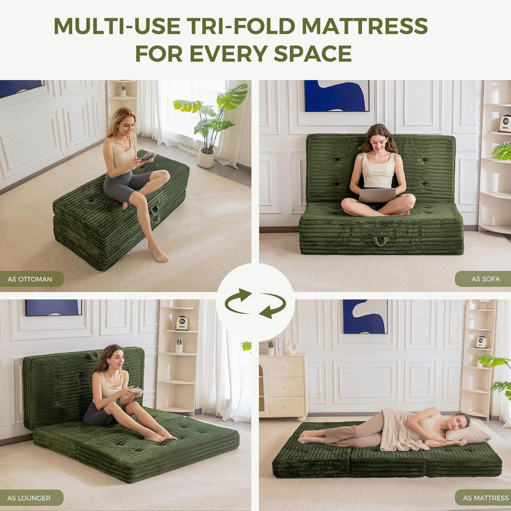 MAXYOYO Floor Sofa Couch, 6 Inch Tri-Fold Floor Sofa Bed, Folding Mattress with Handles, Soft Faux Fur Folding Bed with Supportive Foam Filling, Portable Couch for Living Room, Full, Dark Green