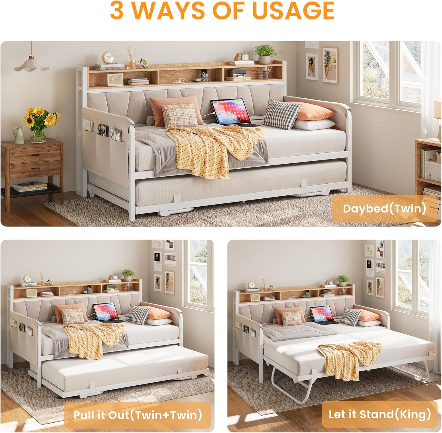 LIKIMIO Daybed with Trundle Bed, Twin Bed Frame with Upholstered Storage Headboard and Charging Station, Sofa Day Bed with Strong Supports for Living Room, Bedroom, and Guest Room, White