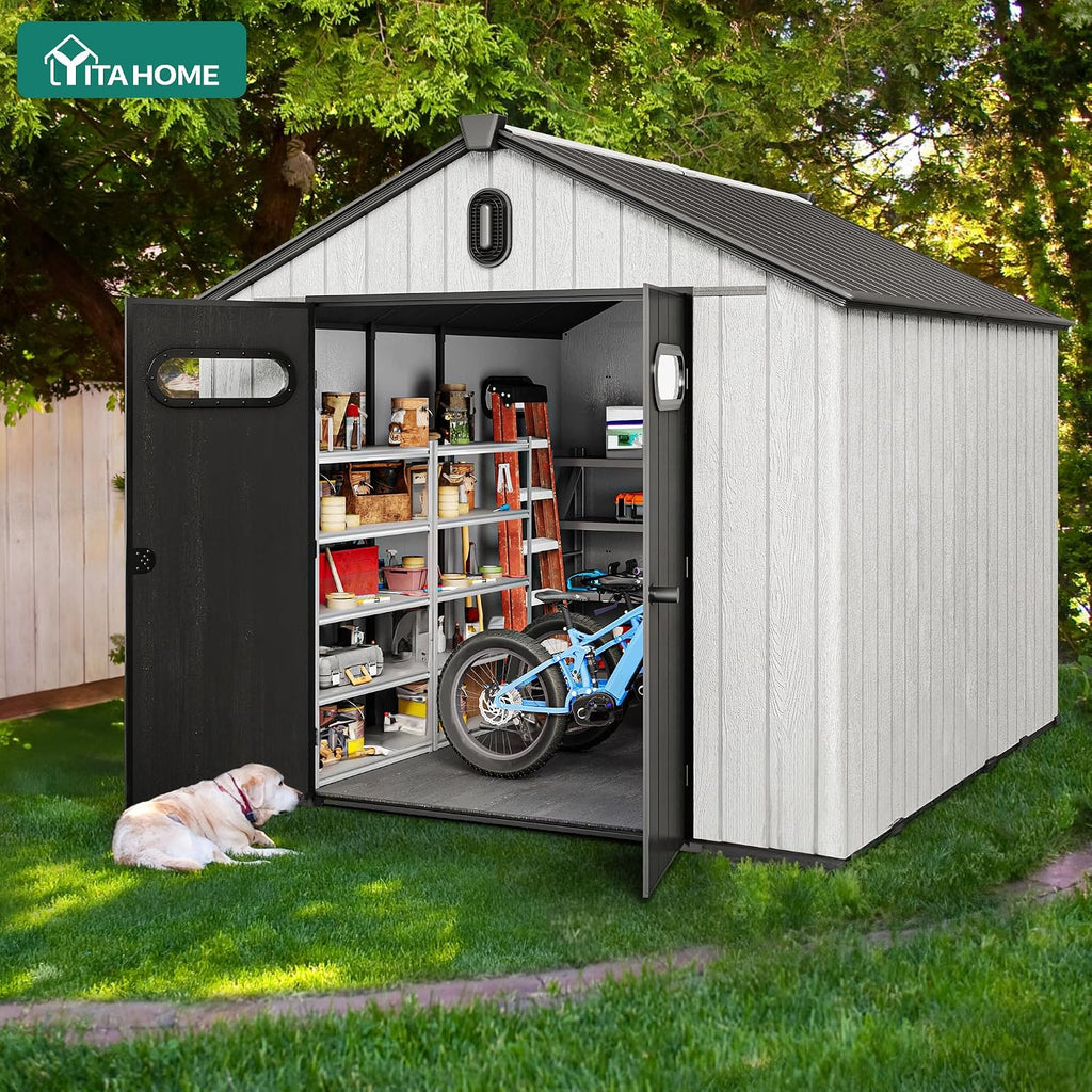 YITAHOME 8x10ft Resin Storage Shed, Extra Thick Outdoor Plastic Garden Storage Unit with Oval Vision Windows & Lockable Doors, 16mm Heavy Duty Waterproof Tool Sheds with Floor for Lawn Equipment, Gray