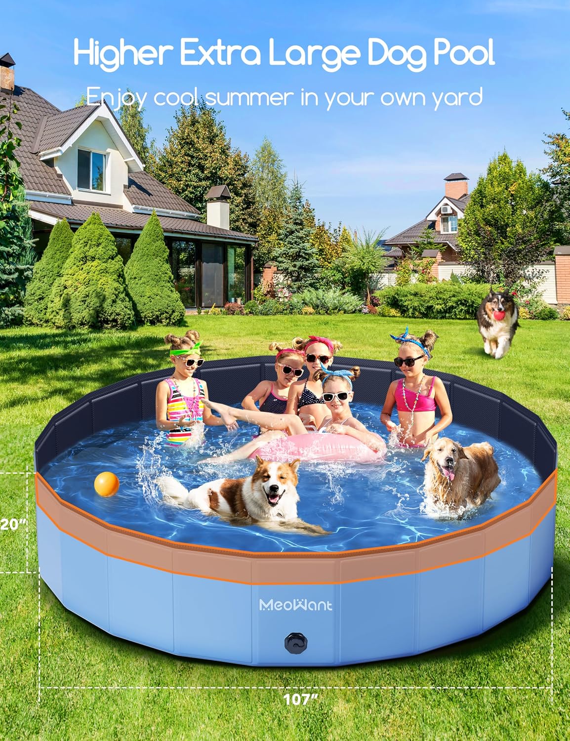 Meowant Extra Large Foldable 107'' Hard Plastic Swimming Pool, Collapsible Dog Bath Pool, Portable Deep Dog Pools for Large Dogs (6XL-107'' 20'')