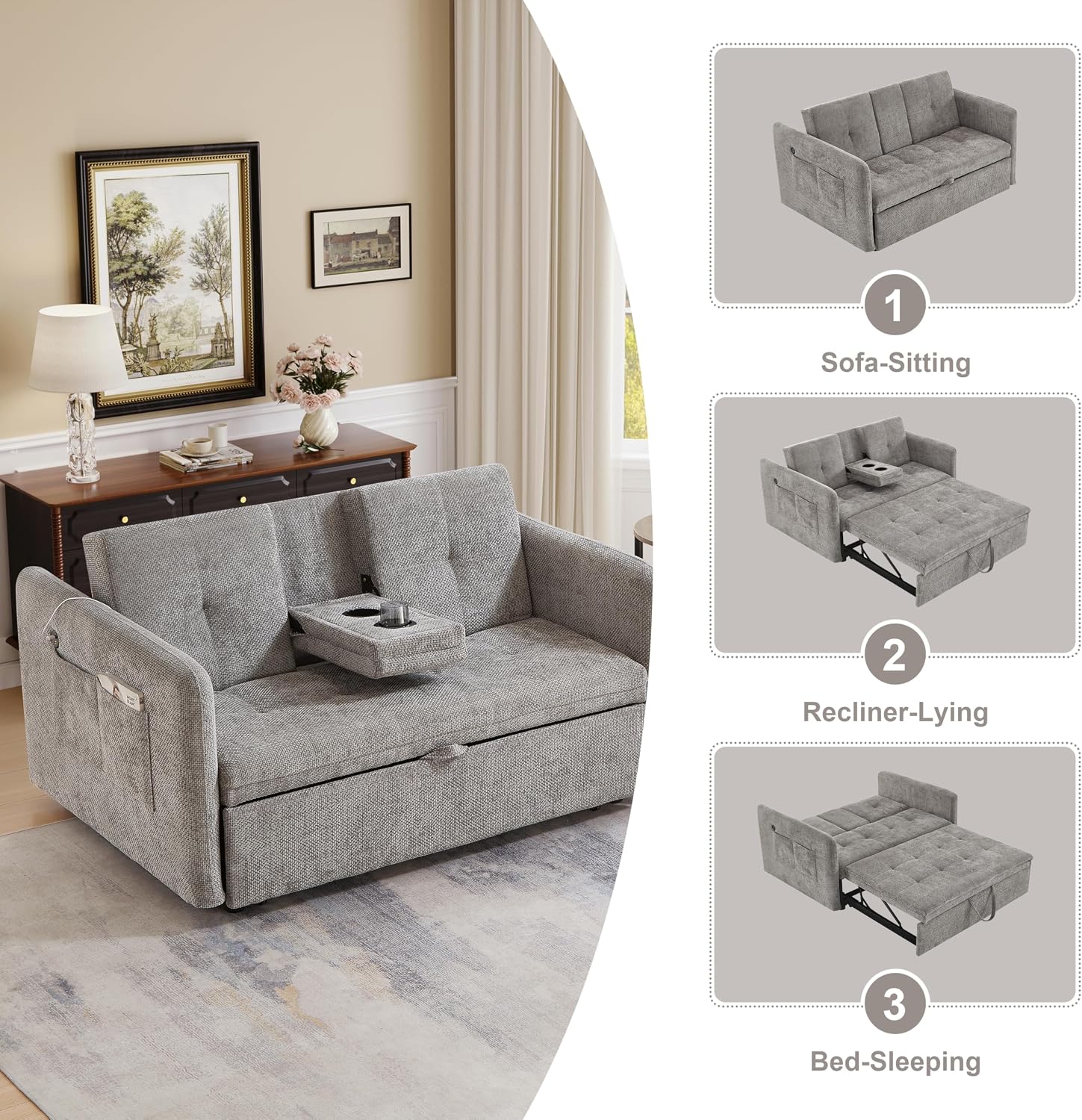 57.48' Convertible Sofa Bed with Cup Holder, Pull Out Sleeper Sofa Bed with USB Charging Ports, 3 in 1 Convertible Sleeper Sofa Bed for Living Room, Apartment, Bedroom, RV, Grey