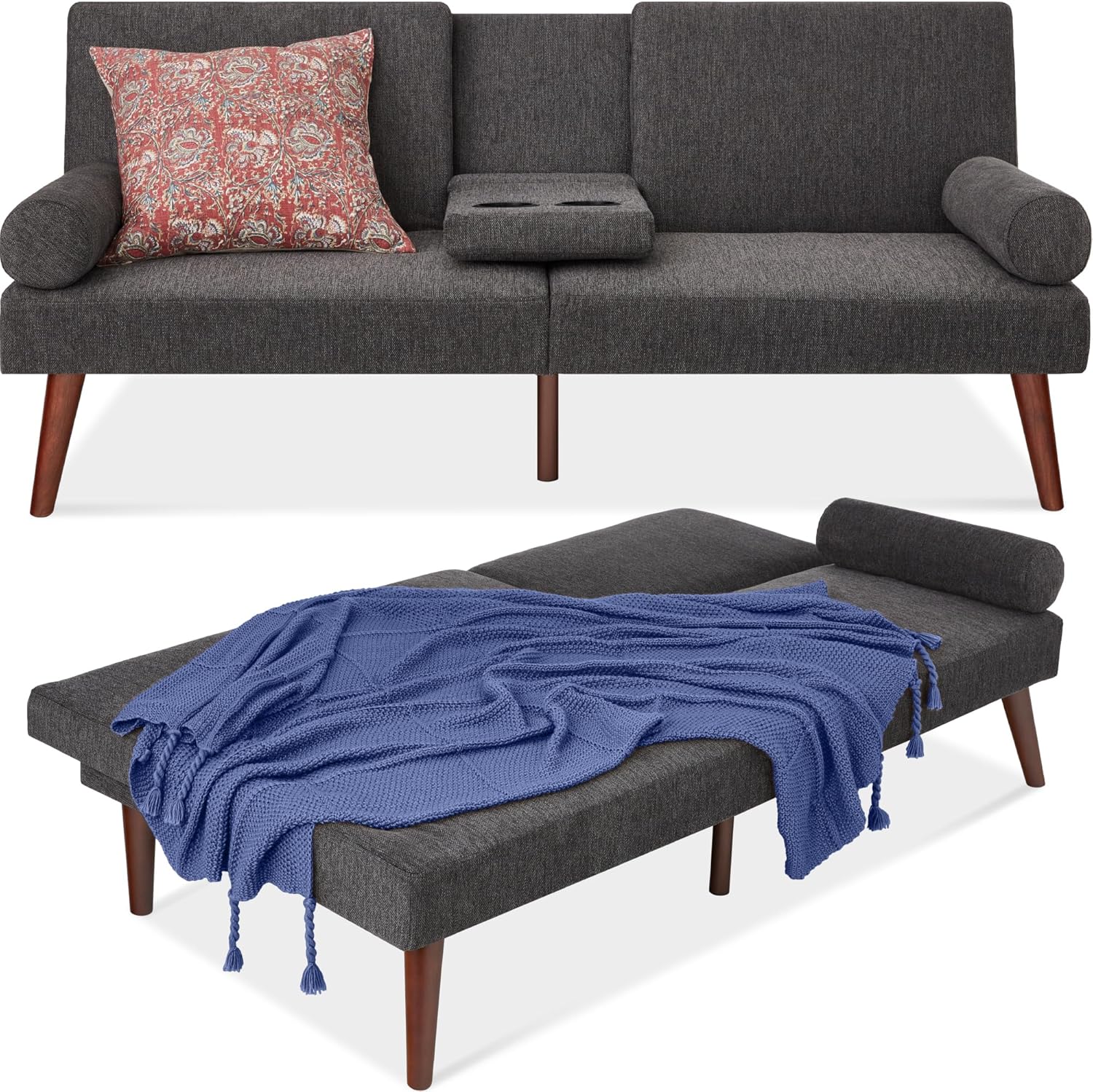 Best Choice Products Mid-Century Modern Upholstered Futon, Convertible Folding Sofa Bed, Small Couch w/Rounded Armrests, 2 Cupholders - Charcoal