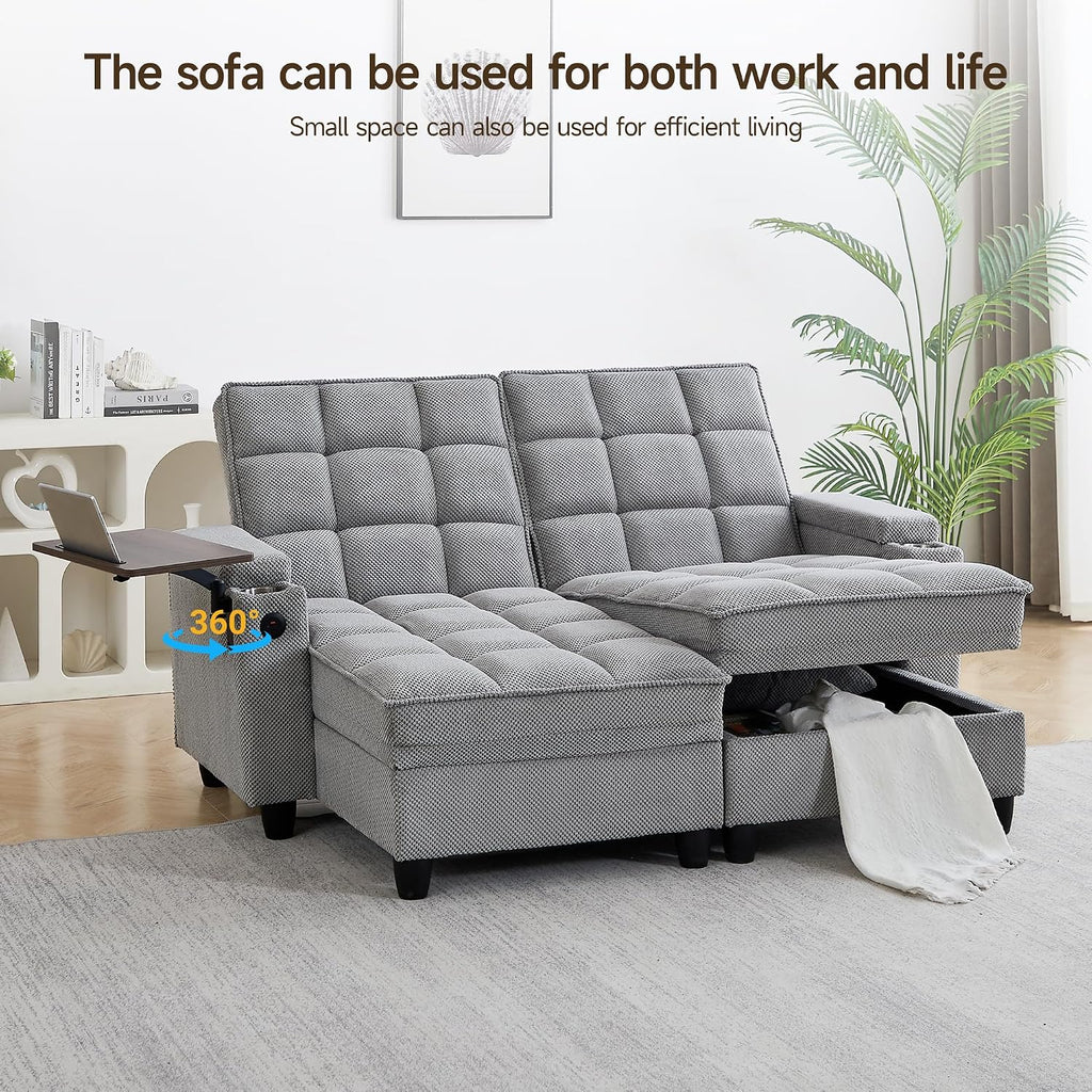 70.9'' Double Chaise Lounge with 360 degree rotatable side table, Comfy Corduroy Indoor Lounge Chair with Armrest Storage, Cup Holder, USB Port, and Pillow for Living Room or Bedroom (light gray)