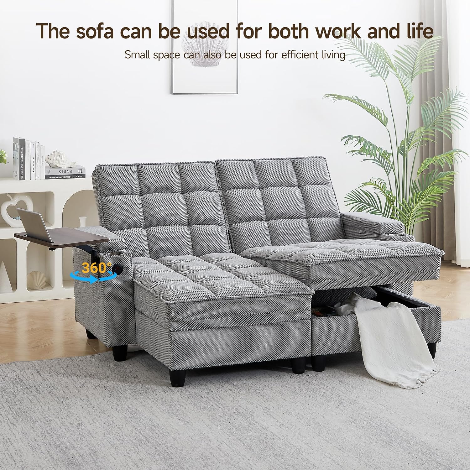 70.9' Chaise Lounge Chair Indoor, Oversized Boucle Upholstered Sofa Bed, Adjustable Backrest Deep Seat Reading Chair, Sofas Couches for Living Room with Storage, Cup Holders & 360° Swivel Side Table