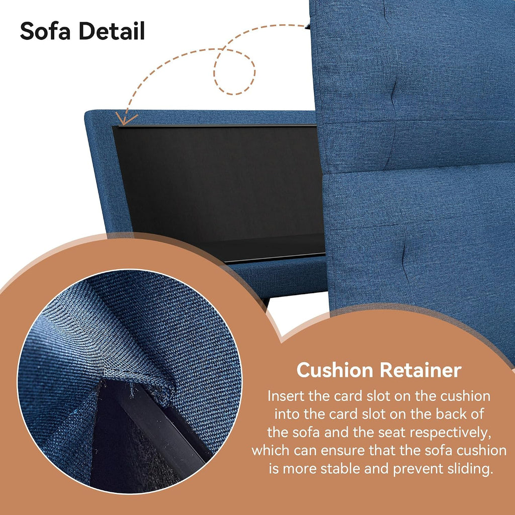Futon Sofa Bed Convertible Couch, Blue Linen Sofa Bed with Adjustable Backrest, Multifunctional Small Loveseat Sleeper Sofa for Living Room, Apartment, Office