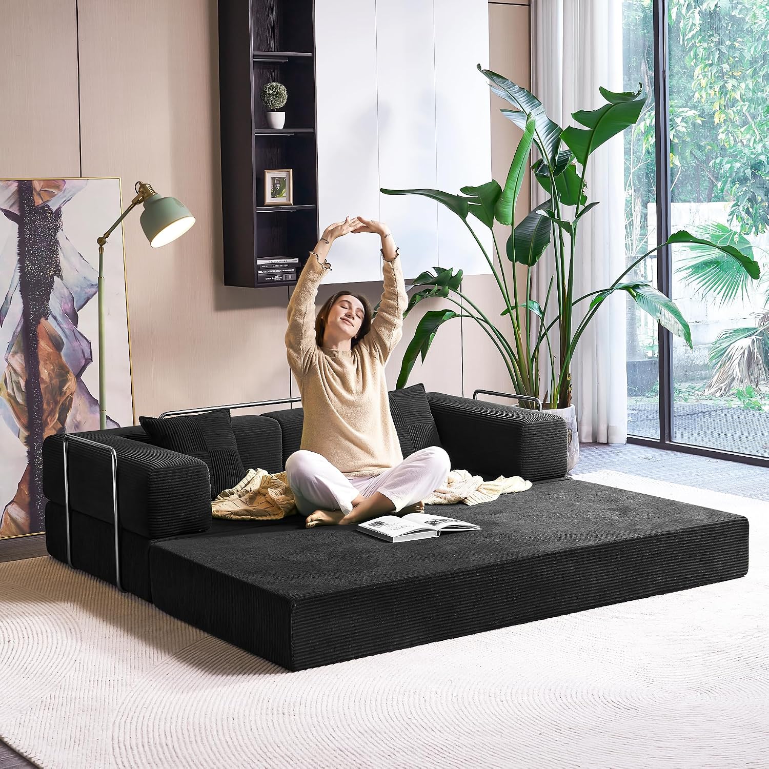 YINIX Foldable Sofa Bed, 78'' Folding Floor Couch, Compressed Convertable Sleeper Sofa, Memory Foam Couch with Pillow Back Support Armrest, 4-in-1 Futon Sofa Bed for Living Room, Black