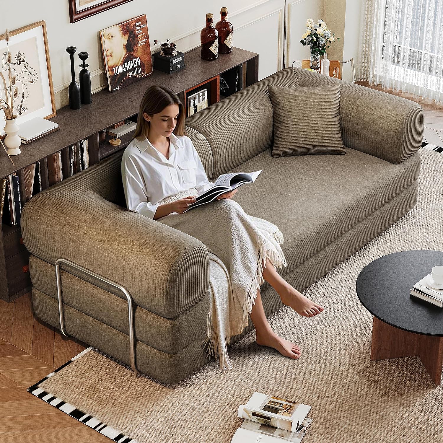 79' Convertible Sofa Bed, Corduroy Folding Pull Out Couch with Pillows, No Assembly Modern Boneless Couch Compression Sofa in Box, Floor Sofa with Support Rods for Living Room,Camel