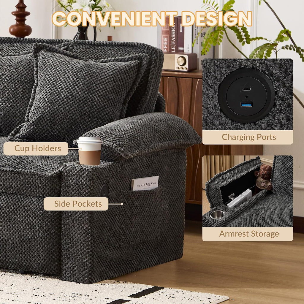 SUNWAVE 83' King Size Pull Out Sofa Bed, 4-in-1 Convertible Sleeper Sofa Bed with USB Ports, Cup Holders, Side Pockets, Corduroy Pull Out Couch Loveseat Chaise for Living Room, Small Space (Gray)