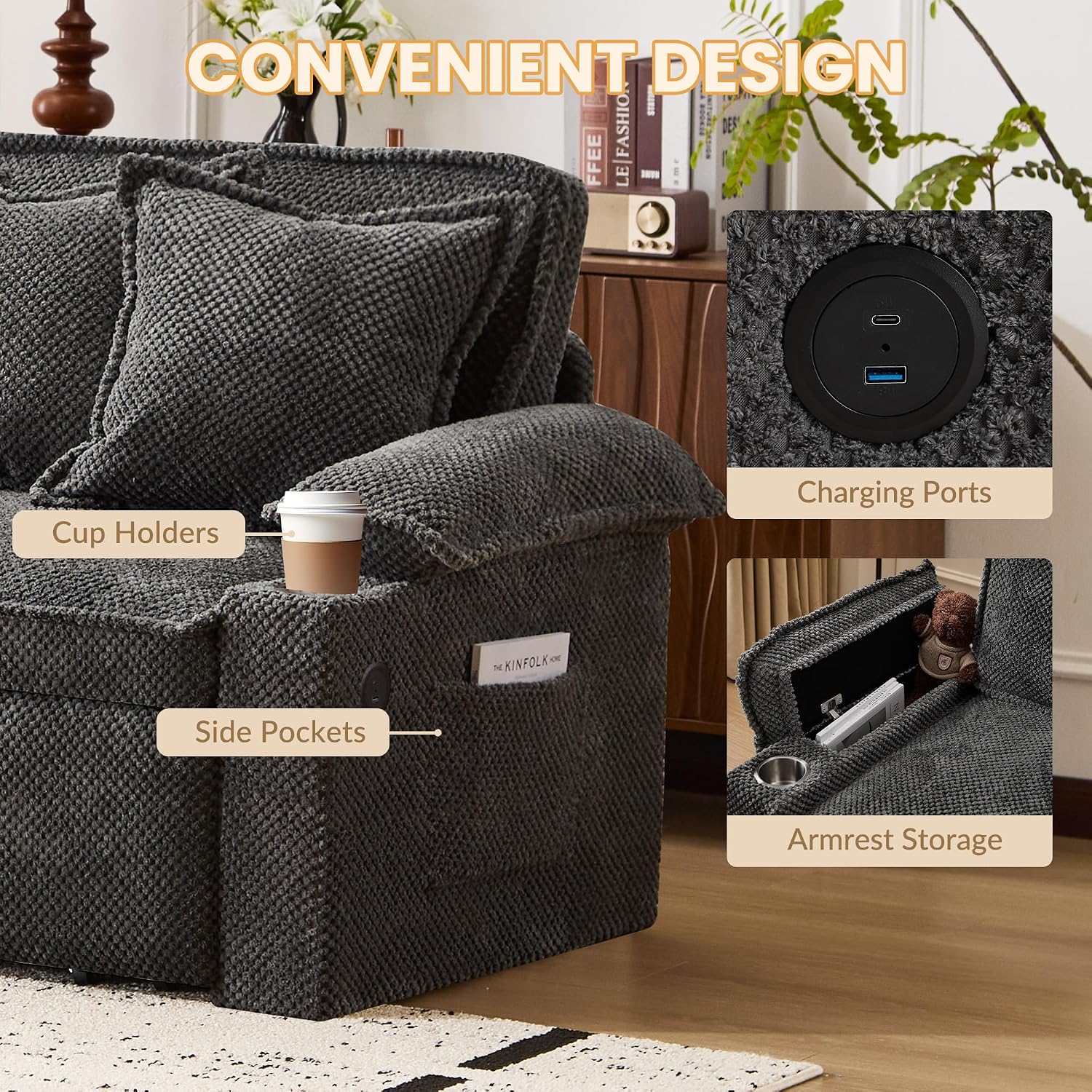 SUNWAVE 83' King Size Pull Out Sofa Bed, 4-in-1 Convertible Sleeper Sofa Bed with USB Ports, Cup Holders, Side Pockets, Corduroy Pull Out Couch Loveseat Chaise for Living Room, Small Space (Gray)