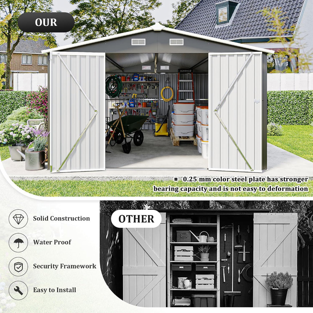 10 x14 FT Outdoor Storage Shed, Extra Large Metal Garden Shed with Waterproof Roof and 3 Lockable Doors, All-Weather Utility Tool Shed Storage House for Backyard, Patio, Lawn (Dark Gray)