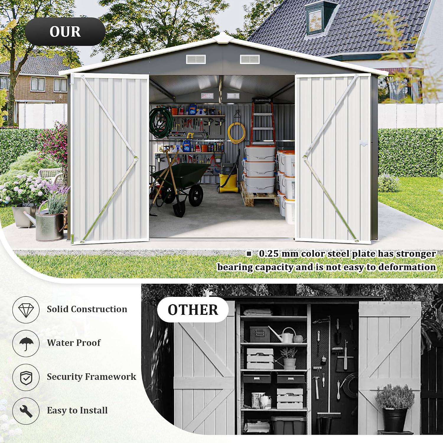 10 x14 FT Outdoor Storage Shed, Extra Large Metal Garden Shed with Waterproof Roof and 3 Lockable Doors, All-Weather Utility Tool Shed Storage House for Backyard, Patio, Lawn (Dark Gray)