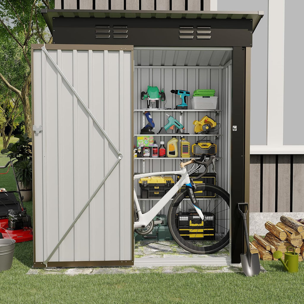 GarveeLife 5x3 FT Outdoor Storage Shed, Tool Shed with Sloping Roof and Lockable Door, Compact Metal Tool Garden Shed for Garden, Backyard, Patio (Brown)