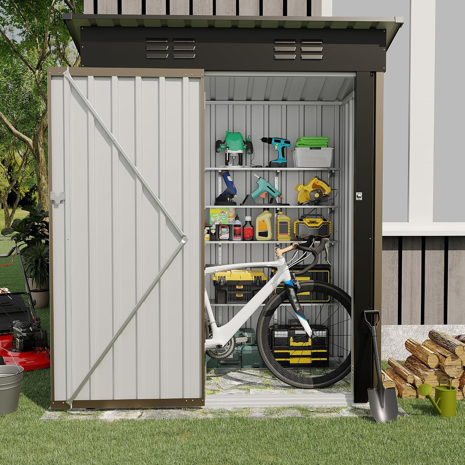 GarveeLife 5x3 FT Outdoor Storage Shed, Tool Shed with Sloping Roof and Lockable Door, Compact Metal Tool Garden Shed for Garden, Backyard, Patio (Brown)