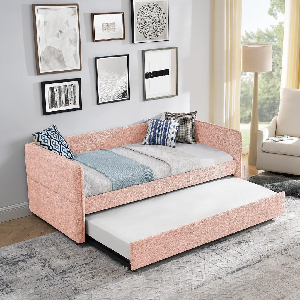 KEIKI Twin Size Upholstery Tufted Daybed with Erectable Trundle, Twin to King Design Modern Extendable Boucle Sofa Bed, Easy Assembly, No Box Spring Required, for Living Room and Bedroom, Pink