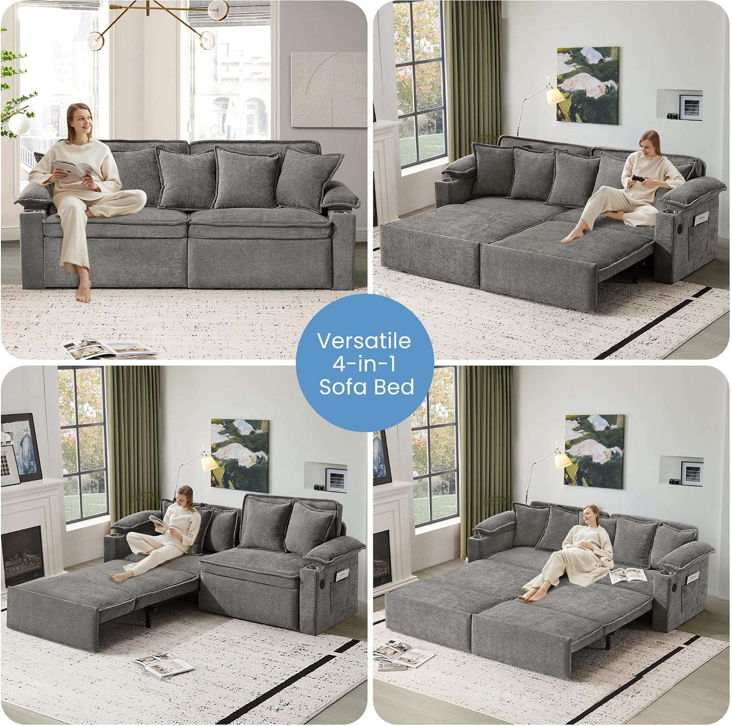 83' King Size Pull Out Sofa Bed, 4-in-1 Convertible Sleeper Sofa Bed with USB Ports, Cup Holders, Side Pockets, Corduroy Oversized Loveseat Chaise Lounge for Living Room, Small Space (Light Gray)
