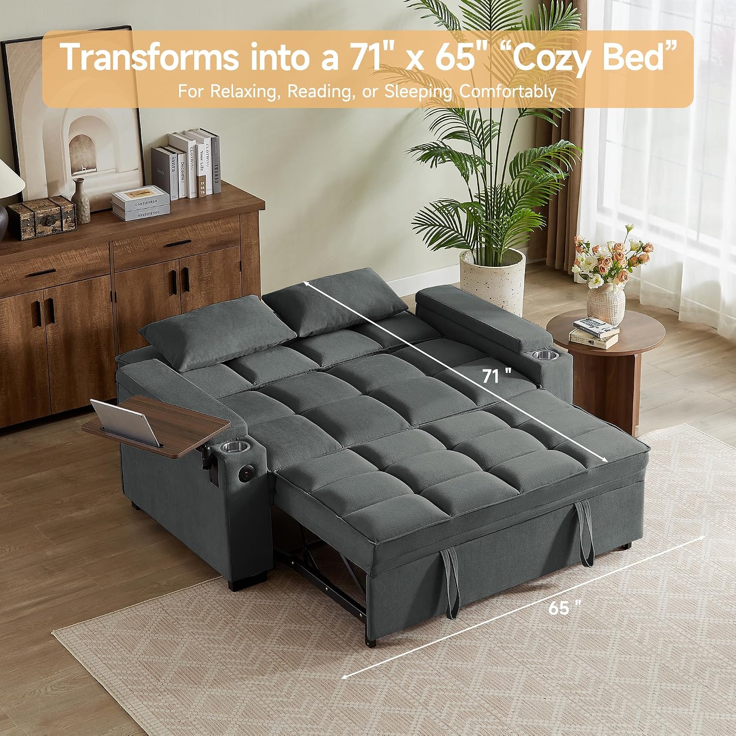 Auvsoce 65' Sleeper Sofa Bed Loveseat, Convertible Couch for Living Room, RV Sofa with Adjustable Backrest, Chaise Lounge, Side Table, USB & Type-C Ports