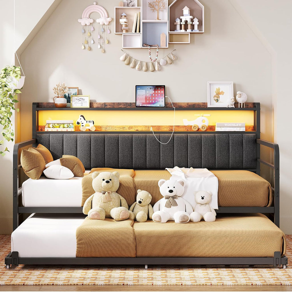 ANCTOR Daybed with Trundle, LED Lights and Charging Station, Twin Size Daybed with 2-Tier Storage Shelves and Upholstered Headboard, Metal Sofa Bed Frame for Living Room, Bedroom, Black