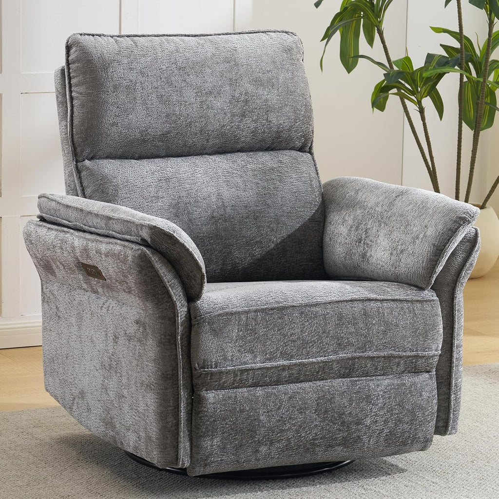 Oversized Power Recliner Chair Swivel Glider with Massage and Heat, Rocker Nursery Recliner for Adults with Adjustable Headrest, 26' Extra Wide Nursery Chair with Overstuffed Armrest, Dark Grey