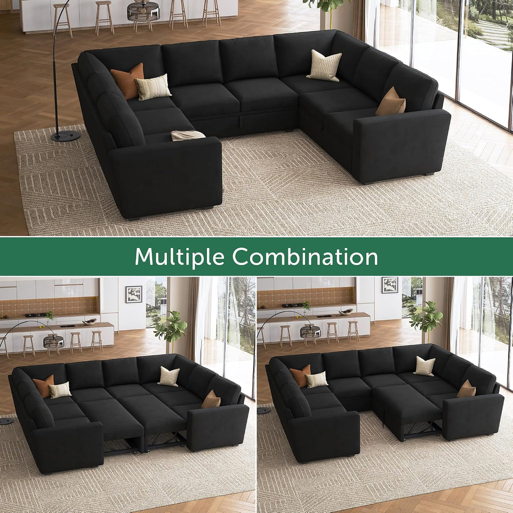 HONBAY Sleeper Sectional Couch with Pull Out Bed, Velvet Modular Sofa with Storage, U Shaped Sectional Couches for Living Room, Black