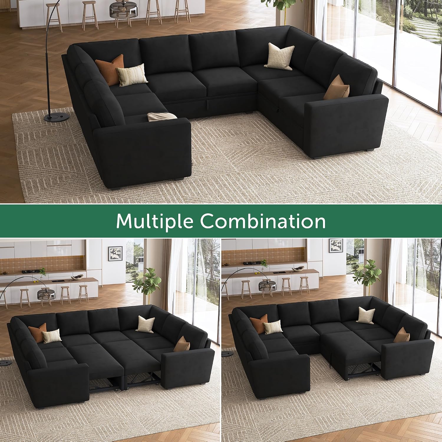 HONBAY Sleeper Sectional Couch with Pull Out Bed, Velvet Modular Sofa with Storage, U Shaped Sectional Couches for Living Room, Black