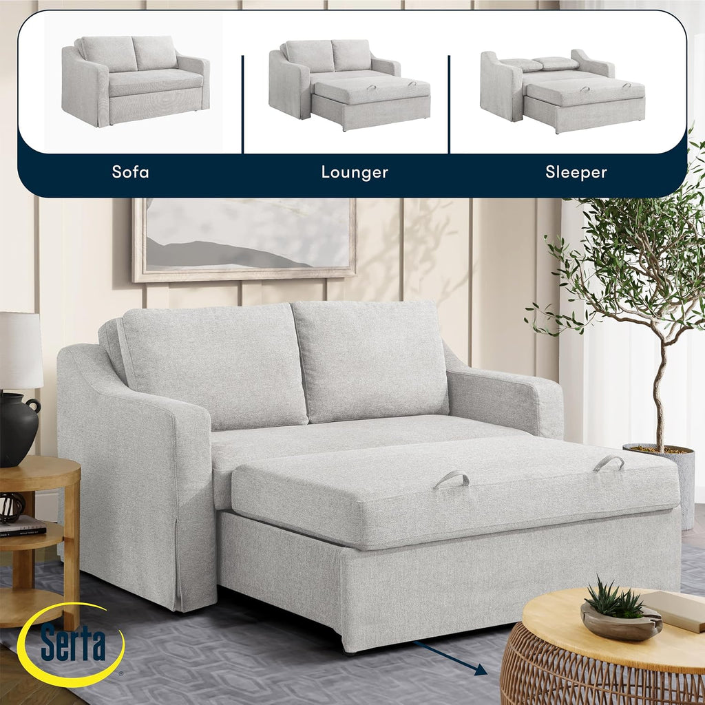 Serta Hawthorne 66.1' Slipcovered Convertible Sleeper Loveseat, Full Size, Dreamcoil Comfort, FingerGuard Pinch Point Protection, Polyester Tweed Fabric, Linen