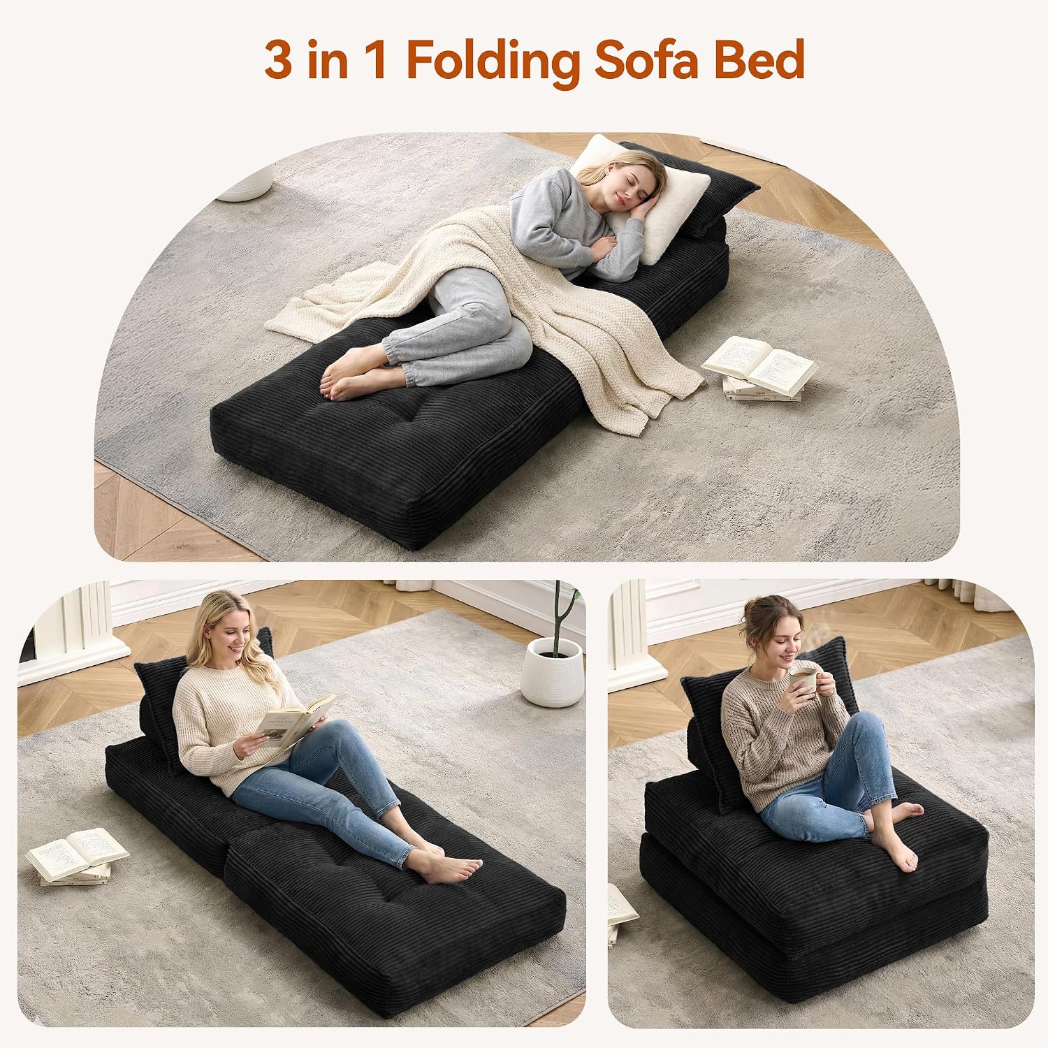 MONVANE Folding Sofa Bed, Fold Out Chair Bed with Pillow, Convertible Sleeper Chair for Living Room/Small Spaces, Foldable Lazy Sofa Bed Floor Chair, Comfy Corduroy Couch Bed, Black