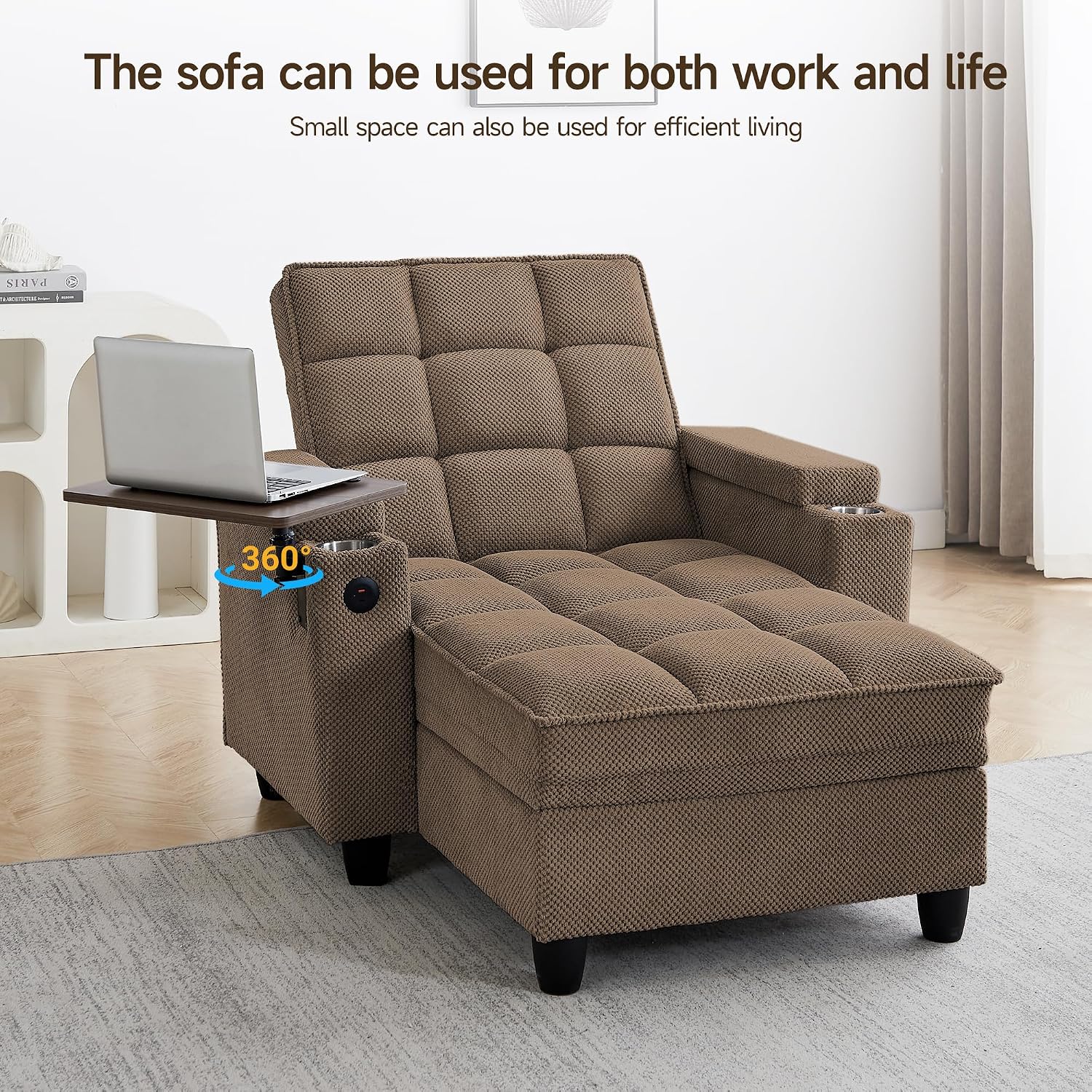 41.7' Chaise Lounge Chair Indoor, Oversized Boucle Upholstered Sofa Bed, Adjustable Backrest Deep Seat Reading Chair, Sofas Couches for Living Room with Storage, Cup Holders & 360° Swivel Side Table
