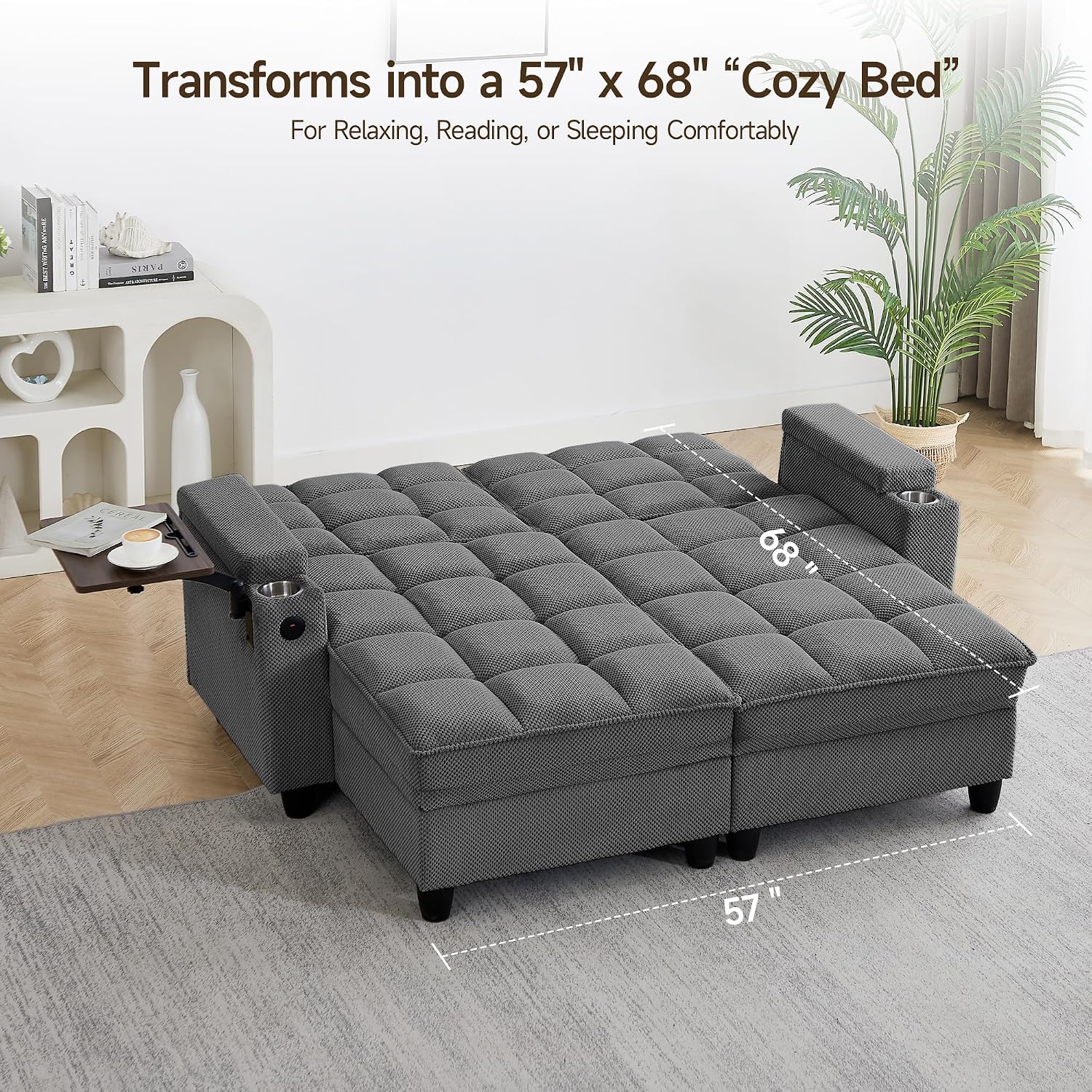 70.9'' Double Chaise Lounge with 360 degree rotatable side table, Comfy Corduroy Indoor Lounge Chair with Armrest Storage, Cup Holder, USB Port, and Pillow for Living Room or Bedroom (dark gray)