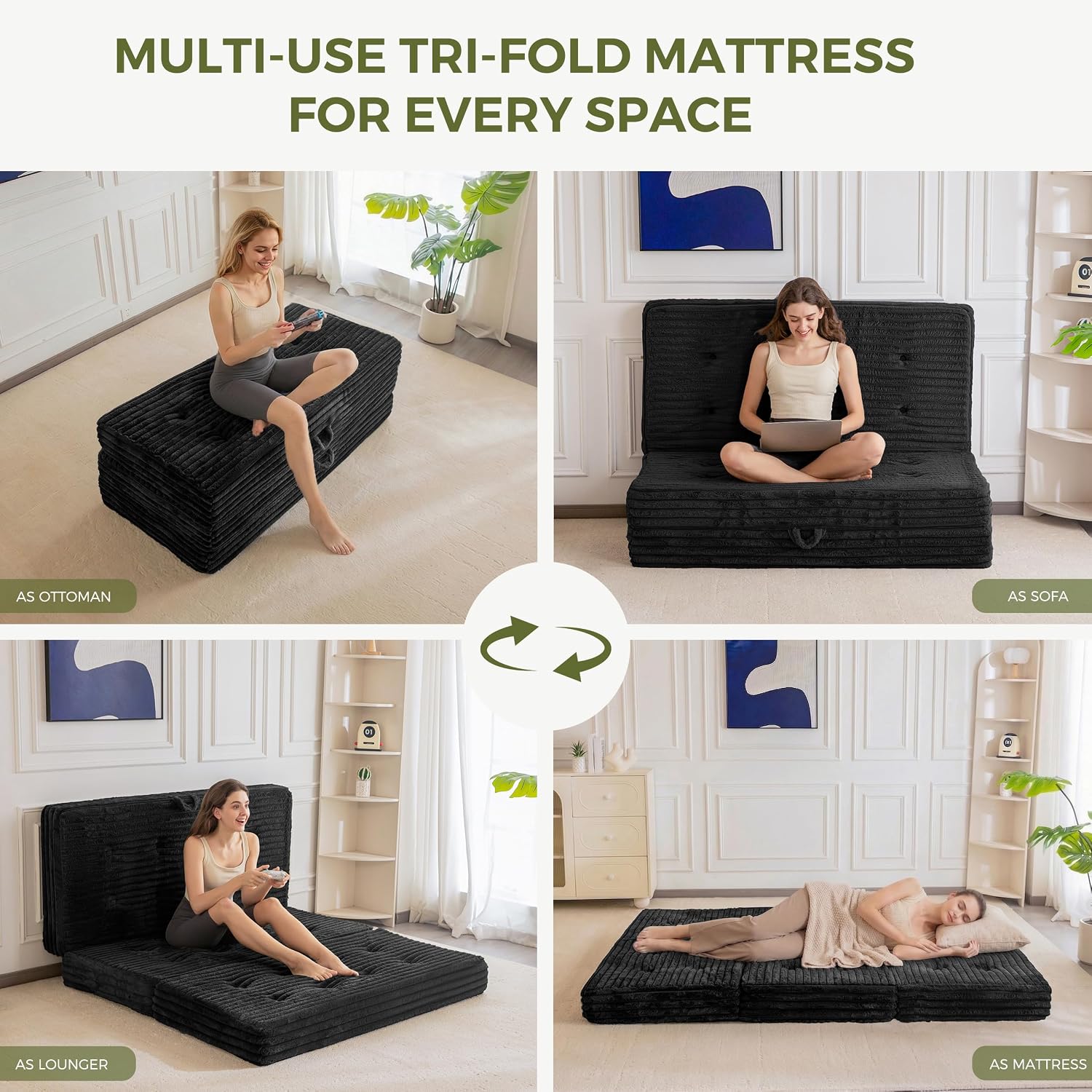 MAXYOYO Folding Sofa Couch Bed, 6 Inch Tri-Fold Floor Sofa Bed, Folding Mattress with Handles, Soft Faux Fur Folding Bed with Supportive Foam Filling, Portable Couch for Living Room, Full, Black