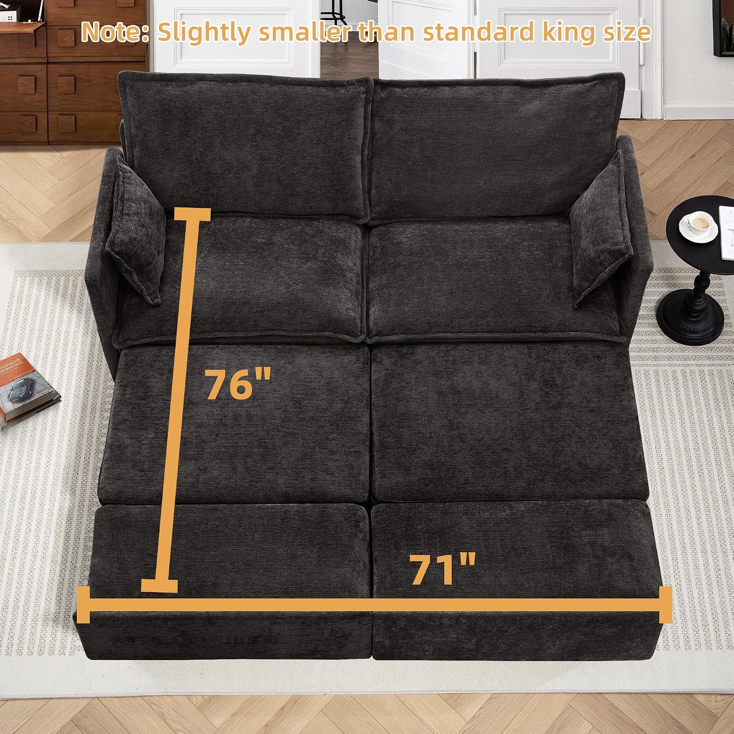 SUNWAVE 74' King Pull Out Sofa Bed - Convertible Sleeper Sofa Bed, Space Saving Corduroy Loveseat Chaise Lounge with USB Charging, Side Pockets for Living Room, Bedroom, Small Spaces(Ink, 74')