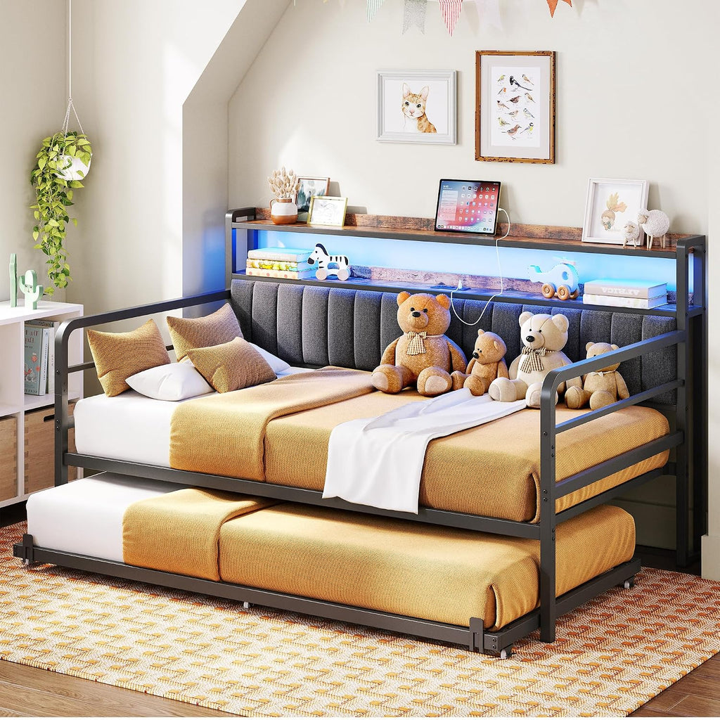 ANCTOR Daybed with Trundle, LED Lights and Charging Station, Twin Size Daybed with 2-Tier Storage Shelves and Upholstered Headboard, Metal Sofa Bed Frame for Living Room, Bedroom, Black