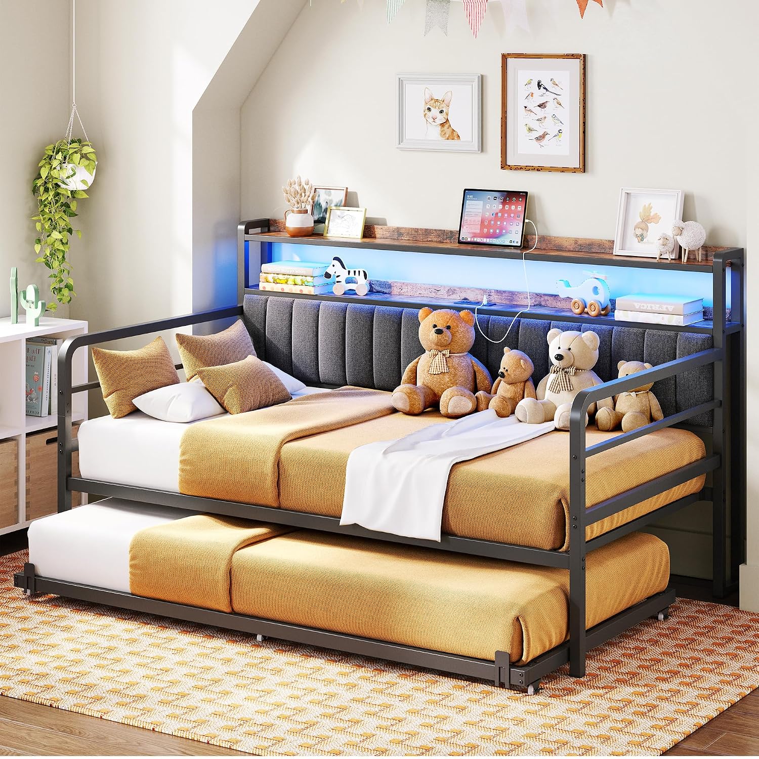 ANCTOR Daybed with Trundle, LED Lights and Charging Station, Twin Size Daybed with 2-Tier Storage Shelves and Upholstered Headboard, Metal Sofa Bed Frame for Living Room, Bedroom, Black