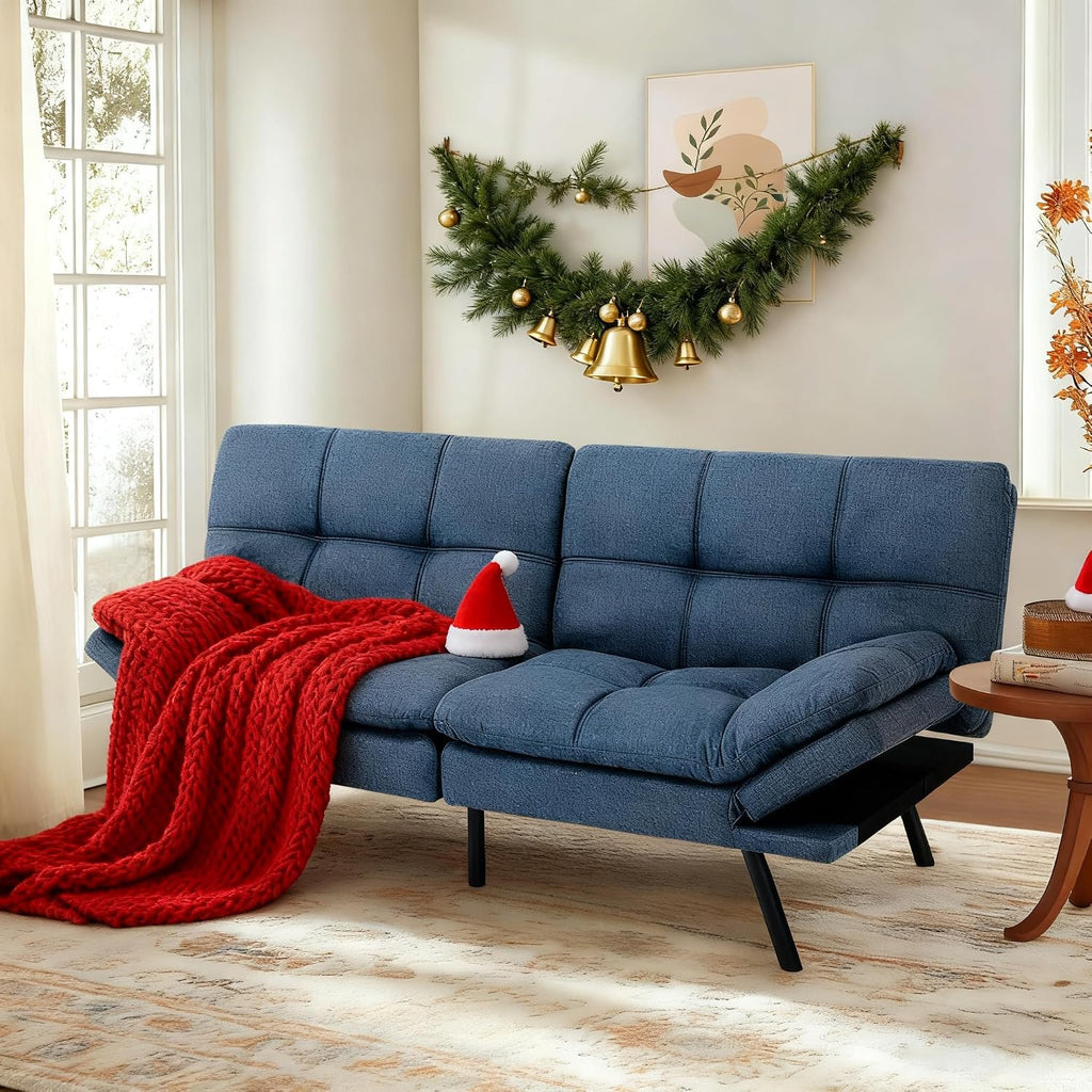 MUUEGM 71-Inch Convertible Futon Sofa Bed with Adjustable Backrest & Removable Armrests, Foldable Sleeper Loveseat for Small Space Living Room, Studio Apartment, Home Office，Blue