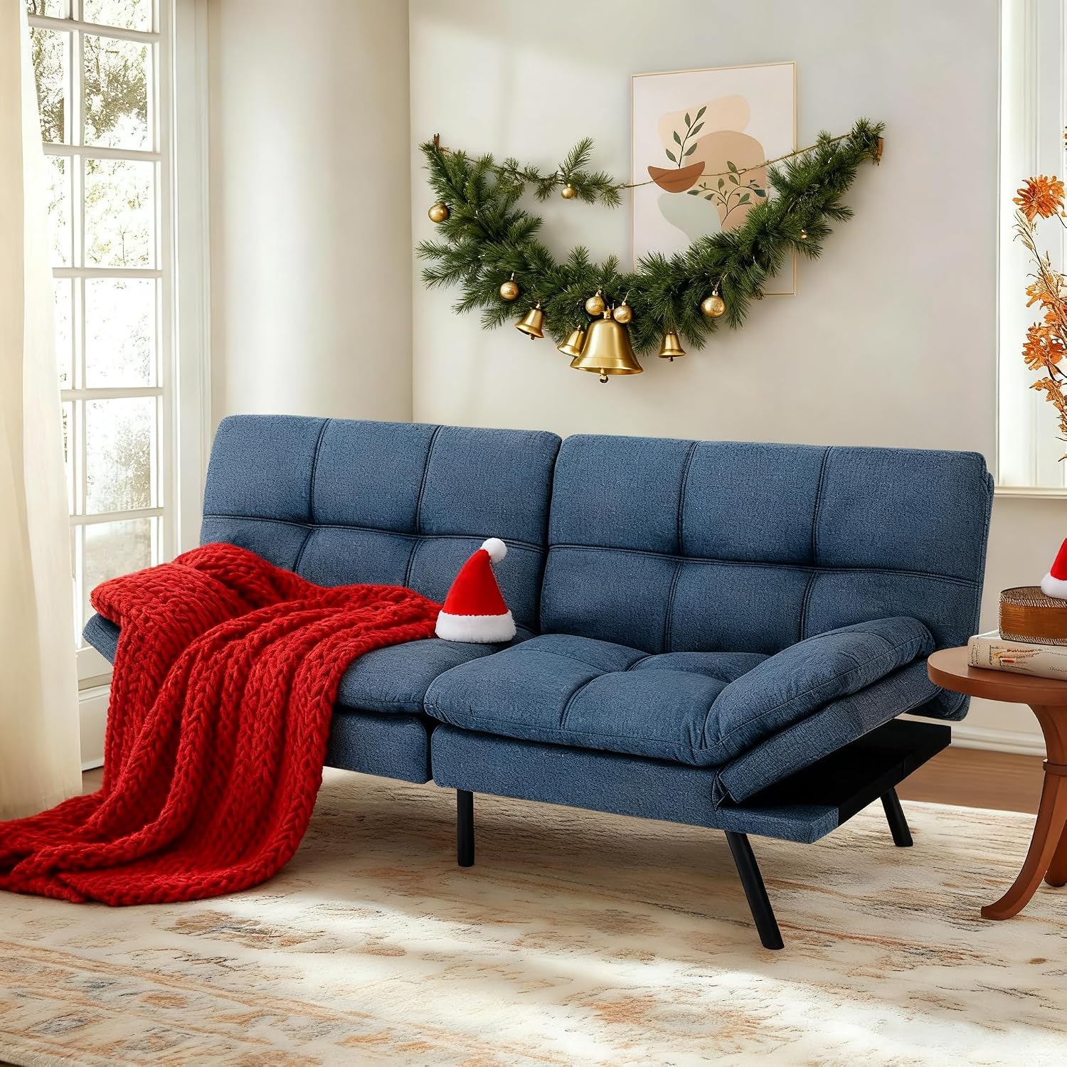MUUEGM 71-Inch Convertible Futon Sofa Bed with Adjustable Backrest & Removable Armrests, Foldable Sleeper Loveseat for Small Space Living Room, Studio Apartment, Home Office，Blue