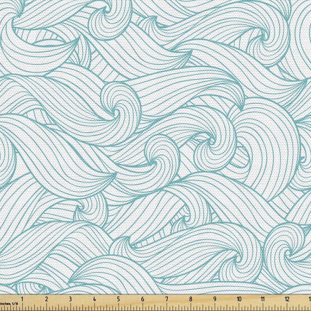 Ambesonne Turquoise Fabric by The Yard, Ocean Themed Waves Abstract Swirls Curlicues Lines Ornamental Vintage Summer, Decorative Fabric for Upholstery and Home Accents, 10 Yards, Teal White