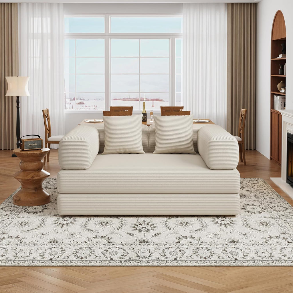 BSHOMGI 4 in 1 Futon Sofa Bed Queen Size - Foldable Convertible Sleeper Sofa Couch, Removable Washable Corduroy Cover, Space Saving Floor for Living Room (Beige, 53.15' Double Sofa)