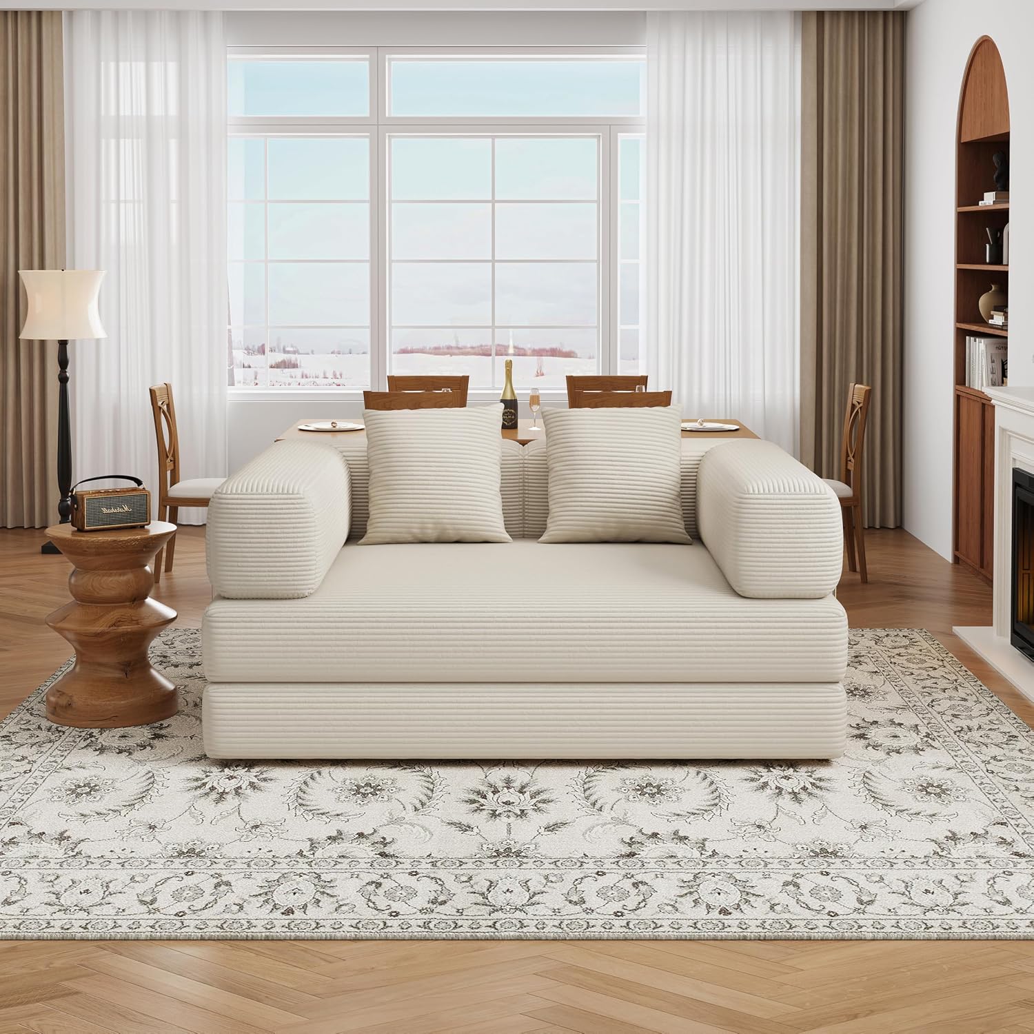 BSHOMGI 4 in 1 Futon Sofa Bed Queen Size - Foldable Convertible Sleeper Sofa Couch, Removable Washable Corduroy Cover, Space Saving Floor for Living Room (Beige, 53.15' Double Sofa)