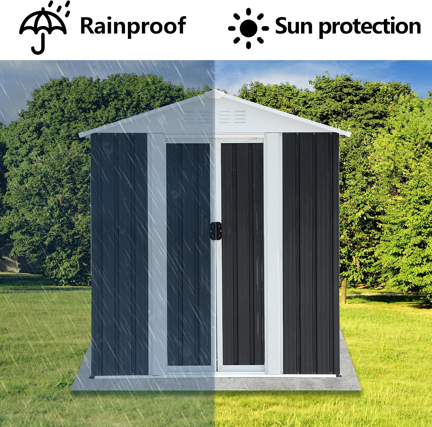 KEIKI 5x3FT Outdoor Storage Shed, Heavy-Duty Metal Storage Shed with Floor & Lockable Sliding Doors, Waterproof Tool Sheds for Garden, Backyard, Patio, Lawn