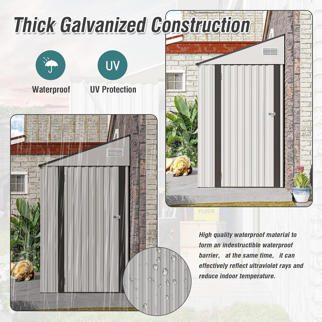 4x8FT Outdoor Storage Shed, Lean to Shed, Metal Wall Side Tool Storage Sheds House with Single Lockable Door for Backyard, Patio, Garden, Lawn