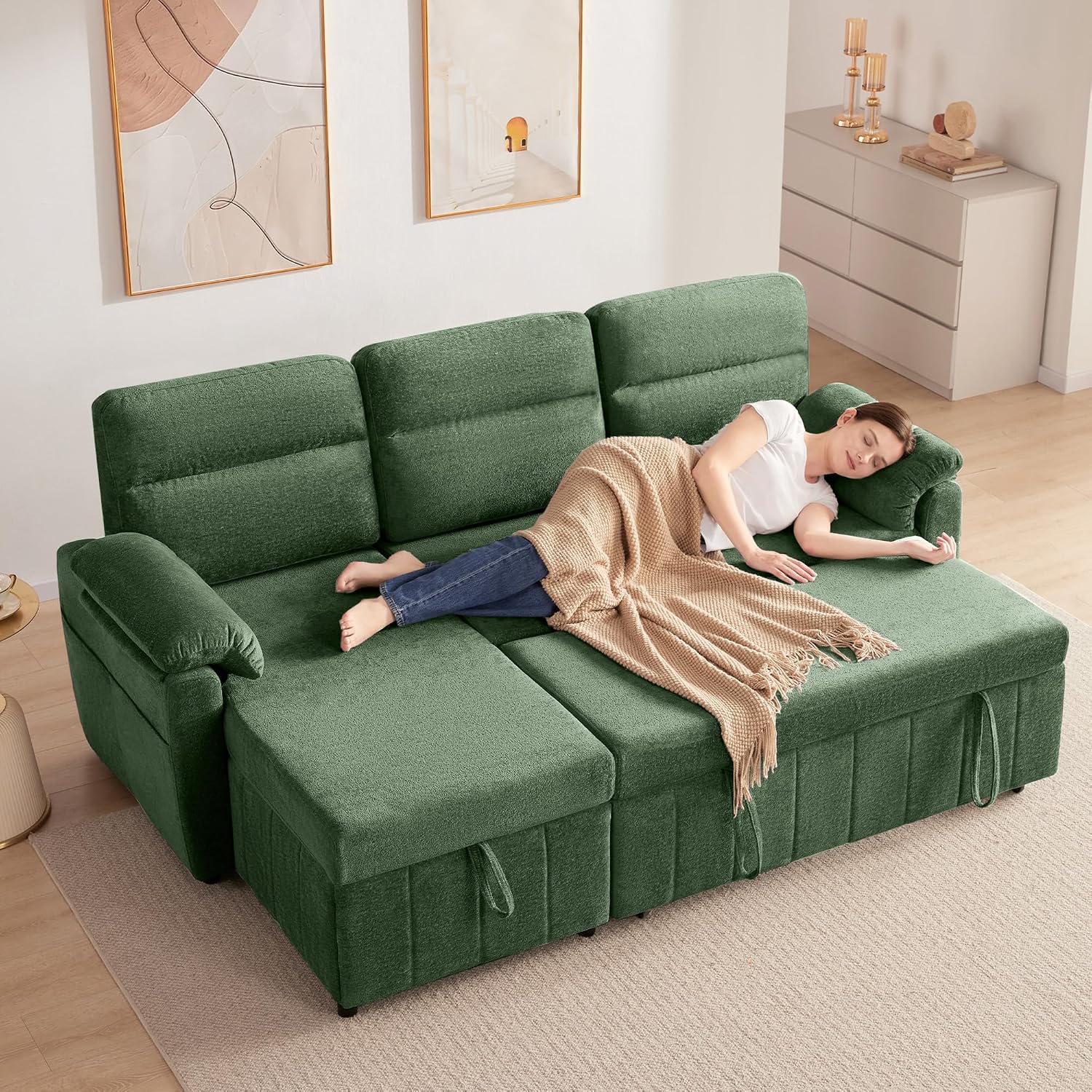 Tbfit 84'' Sleeper Sofa Bed, 3 in 1 Cloud Pull Out Sofa Couch with USB & Storage Chaise, Chenille Convertible Sofa Bed with Pull Out Bed, Couches for Living Room, Apartment, Office, Green