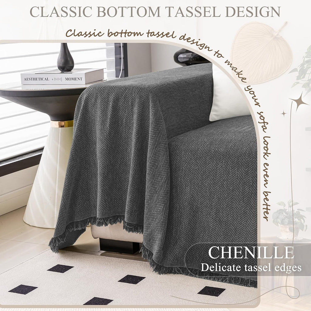 ALIECOM Corner Sectional Couch Covers L Shape Sofa Cover with Tassel Chenille Soft Thick U Shaped Sectional Slipcovers Washable Furniture Protector for Pets Dogs Cats (Dark Grey, 91x275 Inch)